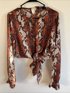 Boohoo Brown Snake Print Tie-Front Crop Top